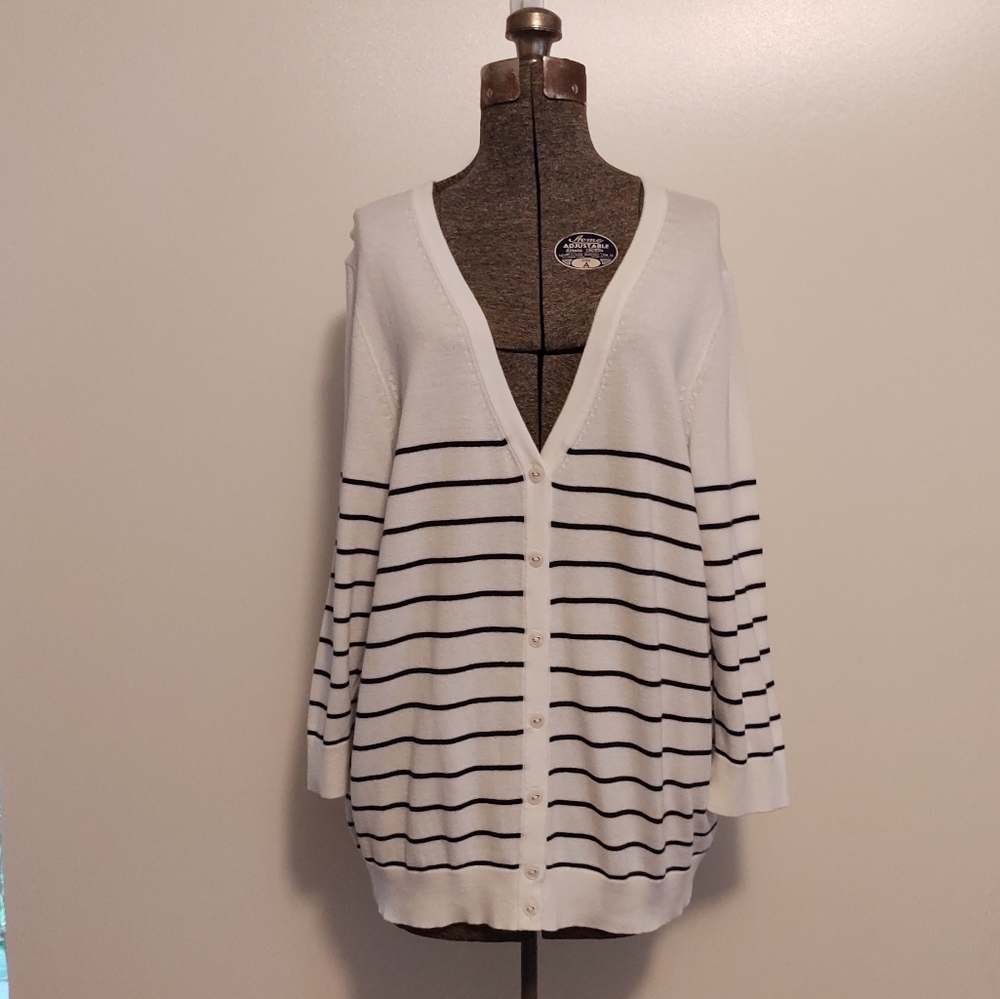 Tommy Hilfiger coastal grandma white & black stripe 3/4 sleeve cardigan sweater